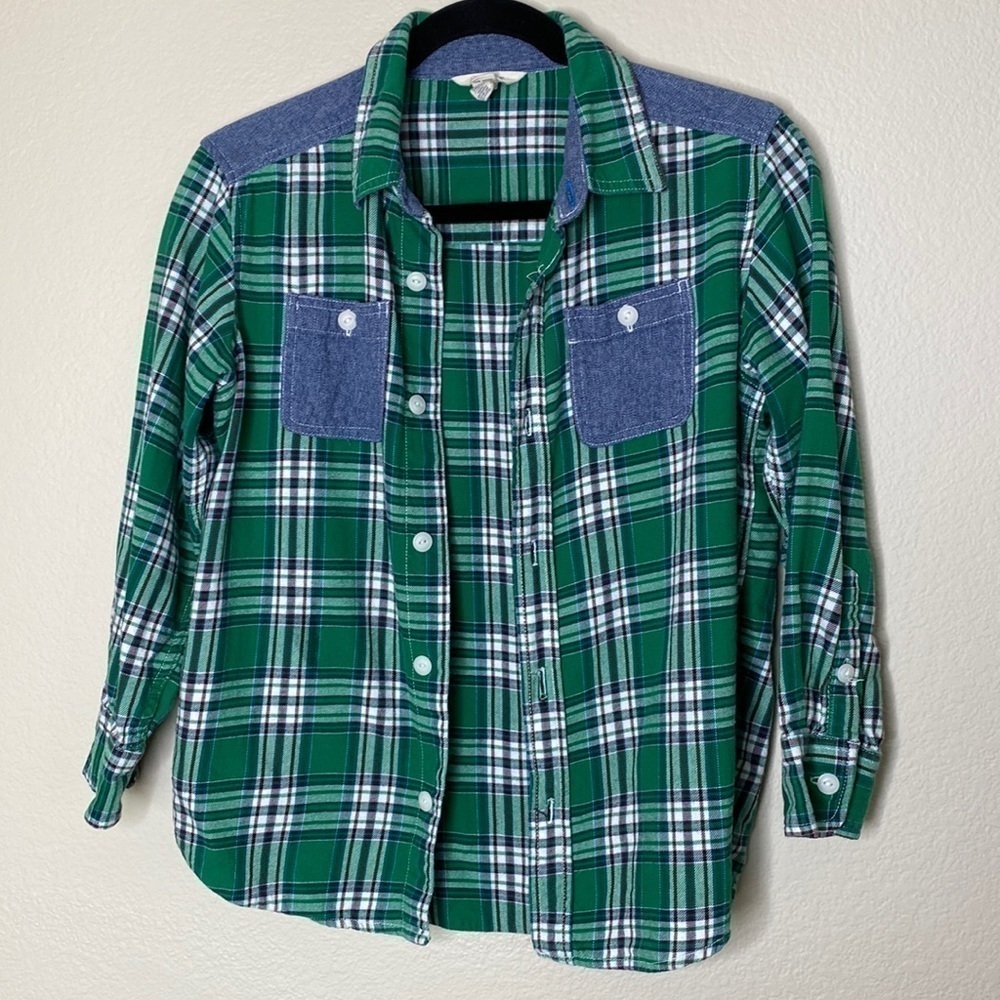 Lands End flannel button down kids boys 10/12 ten twelve green denim plain VGUC